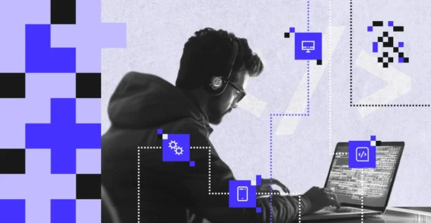 Ilustracja przedstawia programistę w słuchawkach pracującego przy laptopie z widocznym kodem, otoczonego ikonami programowania, technologii mobilnej i desktopowej — symbolizuje wpływ języków programowania na rozwój oprogramowania bankowego.