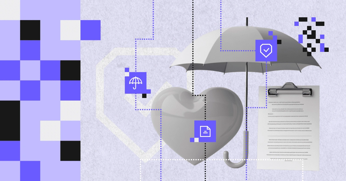 Sercowaty symbol zdrowia pod parasolem i obok dokumentu – metafora ochrony pacjenta oraz digitalizacji procesów w sektorze ubezpieczeń zdrowotnych.