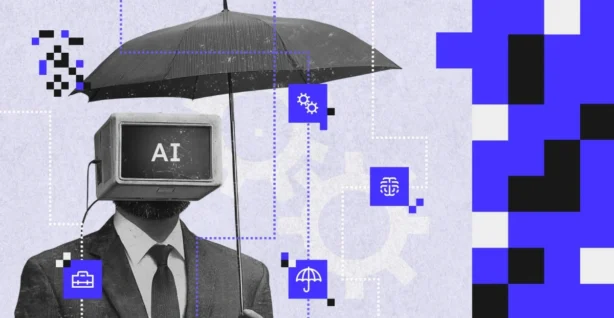 AI w ubezpieczeniach – obrazek przedstawiający mężczyznę w garniturze z telewizorem zamiast głowy, trzymającego parasol, symbolizującego technologię sztucznej inteligencji w branży ubezpieczeniowej.