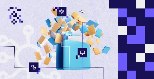 Ilustracja przedstawiająca chaos danych w firmie – przeciążony system informatyczny z wieloma źródłami danych, symbolizujący niespójność i bałagan informacyjny.