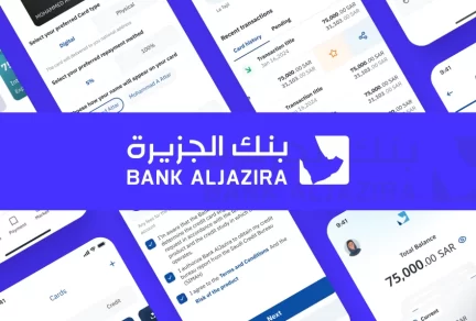 Widok wielu ekranów aplikacji mobilnej Banku AlJazira – UX/UI zoptymalizowany pod potrzeby klientów.